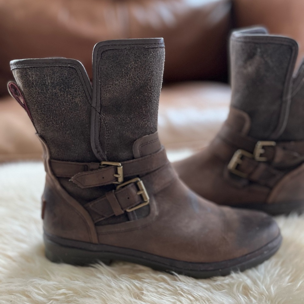 UGG Waterproof Dark Brown Moto Boots with Buckles